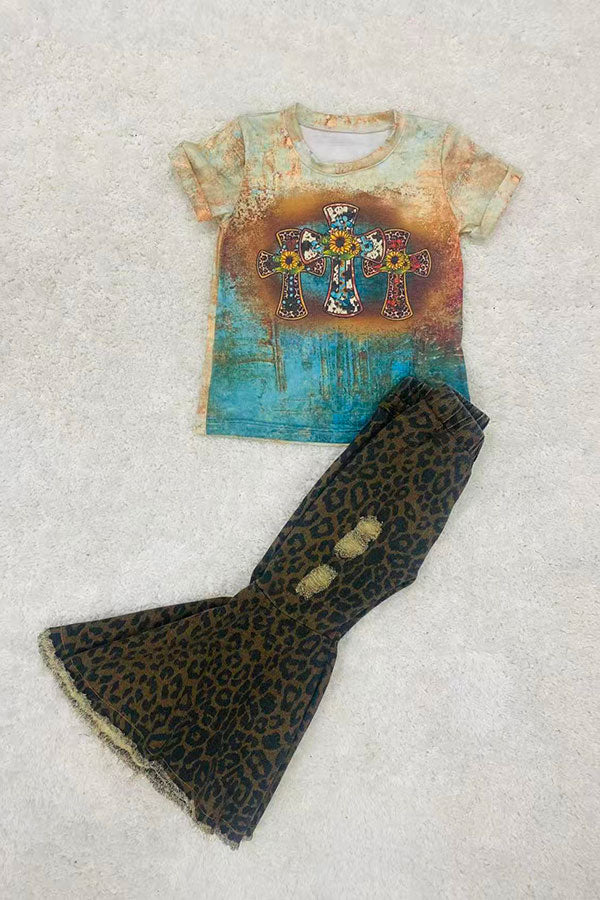 Whoelsale girls clothing Teal & brown animal print crosses short sleeve shirt D0923-07