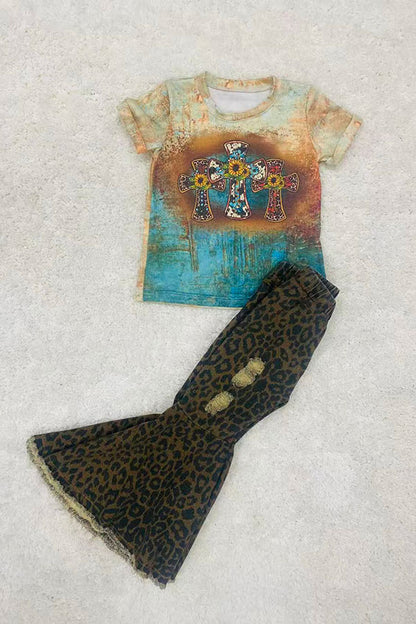 Whoelsale girls clothing Teal & brown animal print crosses short sleeve shirt D0923-07