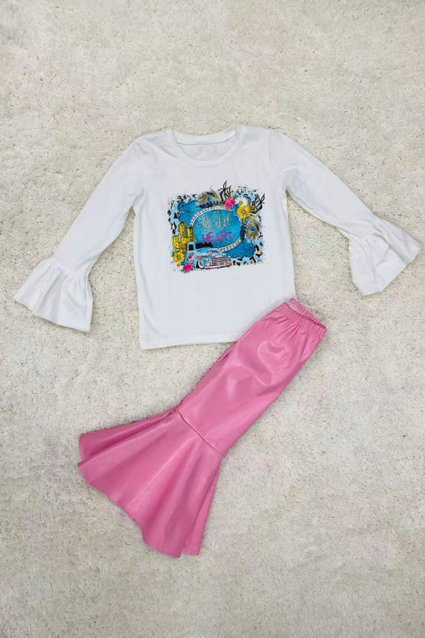 Girls t-shirt wholesale "Wild Heart" white w/a vintage truck long sleeve bell top D0913-10