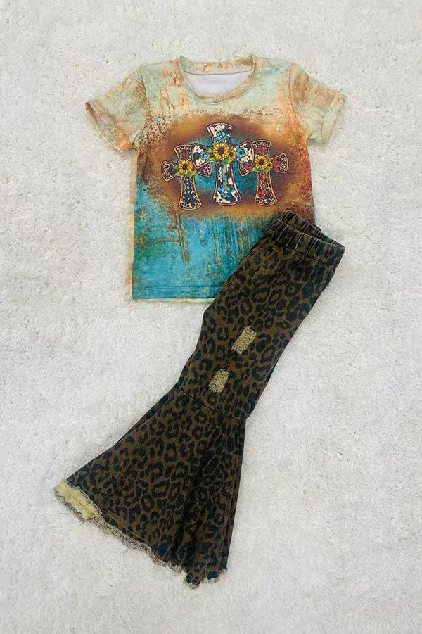 Whoelsale girls clothing Teal & brown animal print crosses short sleeve shirt D0923-07