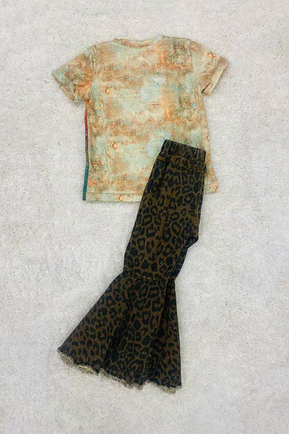Whoelsale girls clothing Teal & brown animal print crosses short sleeve shirt D0923-07