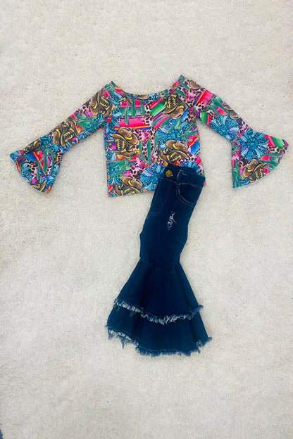 Serape multicolor western print bell sleeve girls top DLH1215-36