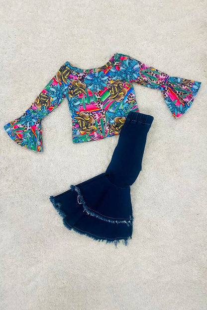 Serape multicolor western print bell sleeve girls top DLH1215-36
