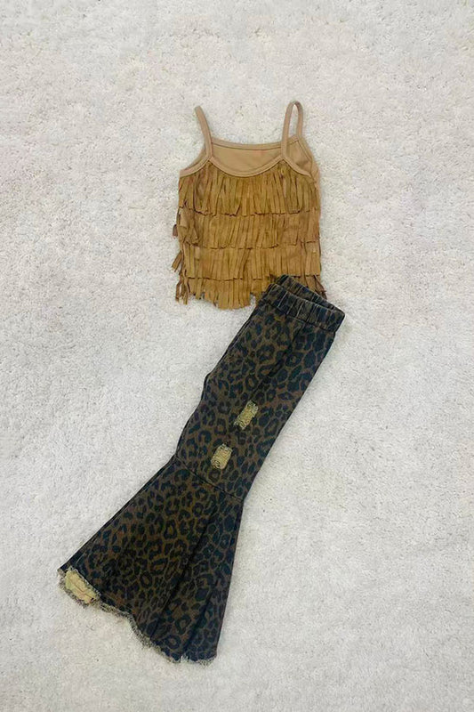 Western Kids Tan suede fringe tassel girls top D2615