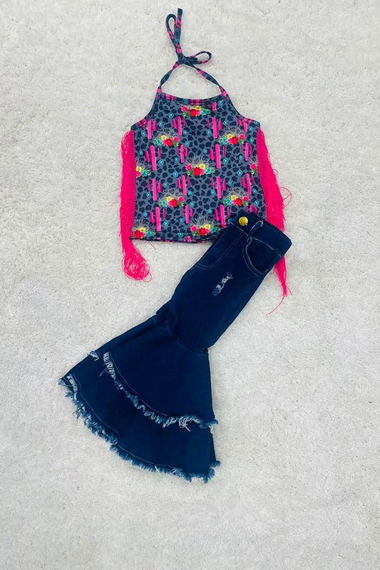 Leopard & cactus printed girl tank top w/fringe tassels D1215-03
