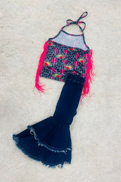 Leopard & cactus printed girl tank top w/fringe tassels DLH1215-03