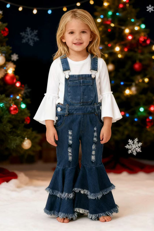 Restock--One piece adjustable washed blue denim fabric double ruffle girls jeans 250932M