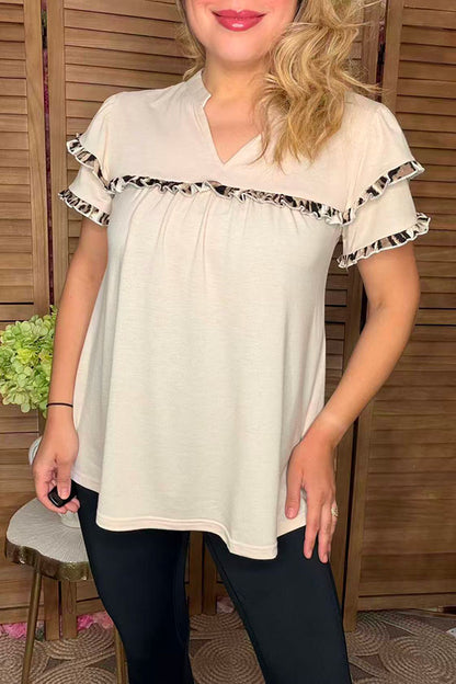 Beige & leopard printed double ruffle short sleeve women blouse GJQ16503