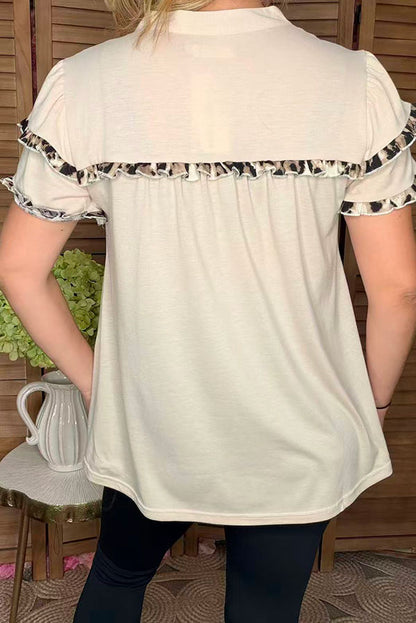 Beige & leopard printed double ruffle short sleeve women blouse GJQ16503