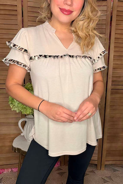 Beige & leopard printed double ruffle short sleeve women blouse GJQ16503