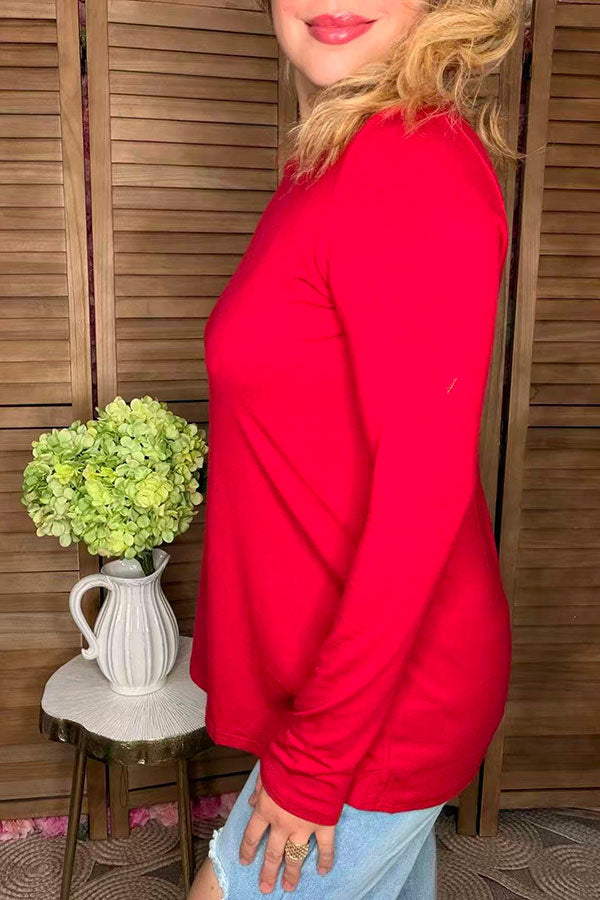 Red solid color printed long sleeve women top YMY15531