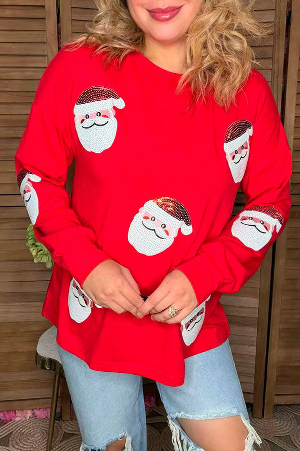 Christmas sequin santa patch red long sleeve women blouse XCH16569