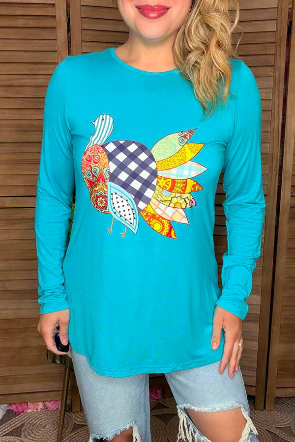 Multi pattern printed turkey long sleeve women top DLH8233