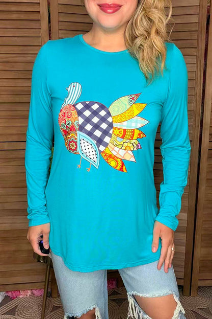 Multi pattern printed turkey long sleeve women top DLH8233