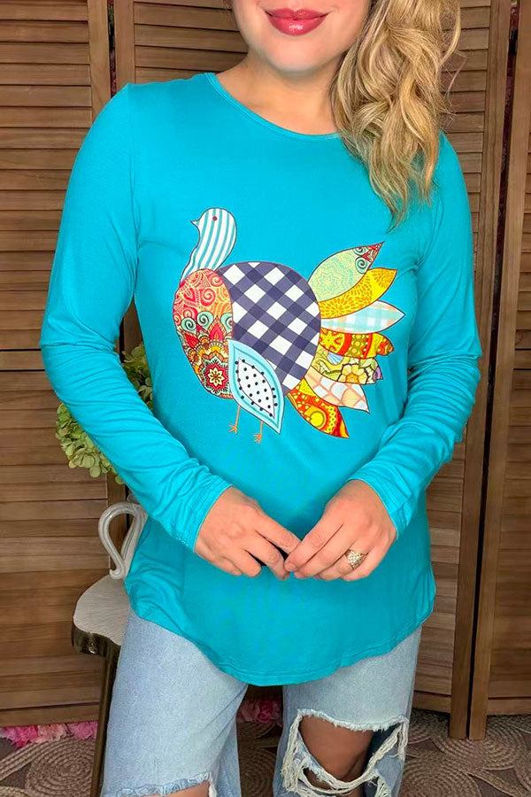 Multi pattern printed turkey long sleeve women top DLH8233