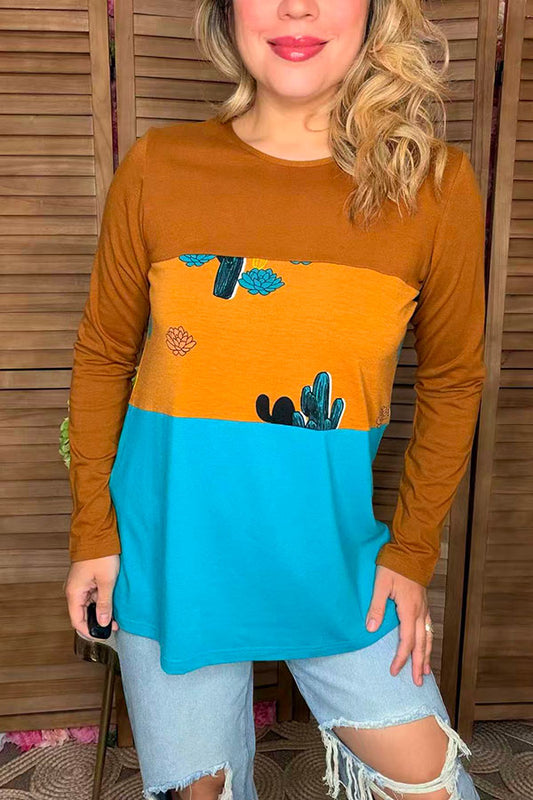 Blue/ginger block color w/cactus printed long sleeve women top GJQ13400