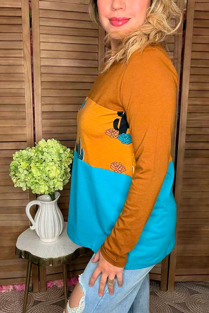 Blue/ginger block color w/cactus printed long sleeve women top GJQ13400