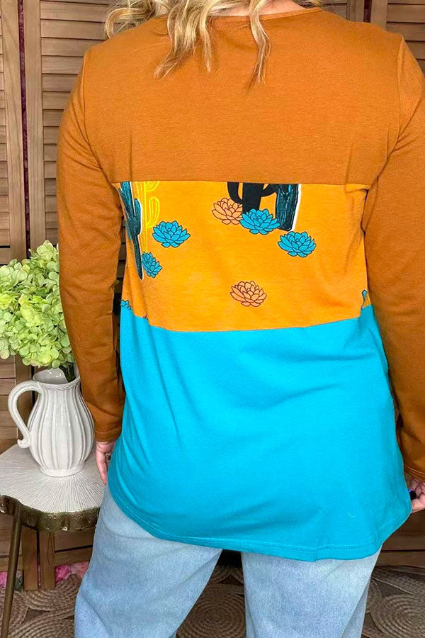 Blue/ginger block color w/cactus printed long sleeve women top GJQ13400