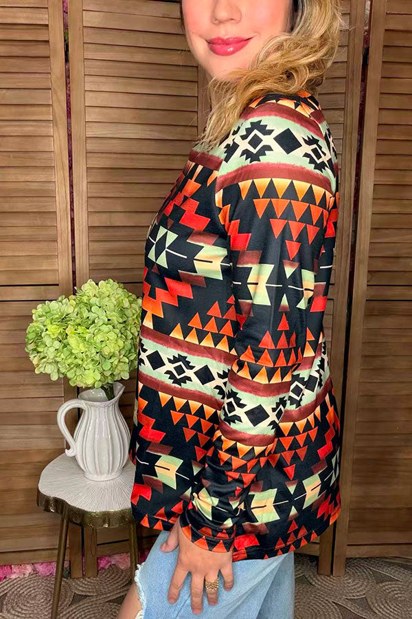 Multi color western aztec printed long sleeve women blouse XCH16539