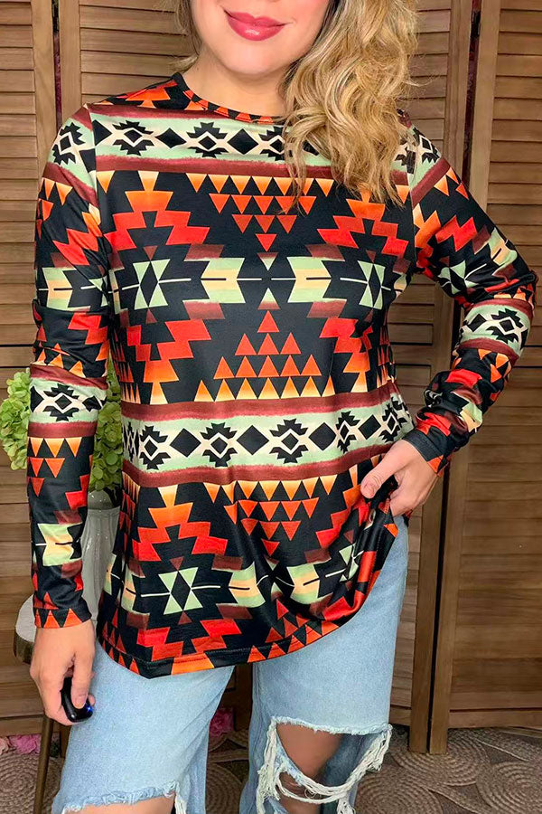 Multi color western aztec printed long sleeve women blouse XCH16539