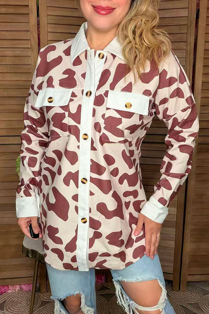 Brown leopard printed long sleeve top with pocket jackets/coats GJQ14253