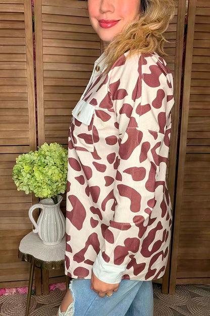 Brown leopard printed long sleeve top with pocket jackets/coats GJQ14253