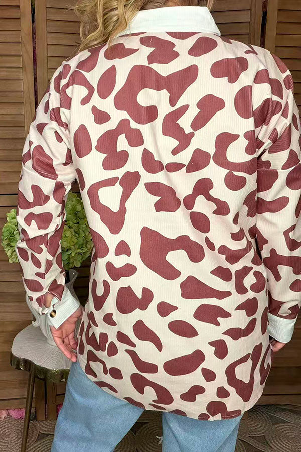 Brown leopard printed long sleeve top with pocket jackets/coats GJQ14253