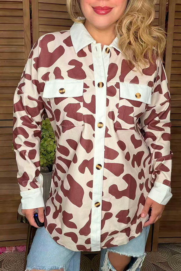 Brown leopard printed long sleeve top with pocket jackets/coats GJQ14253