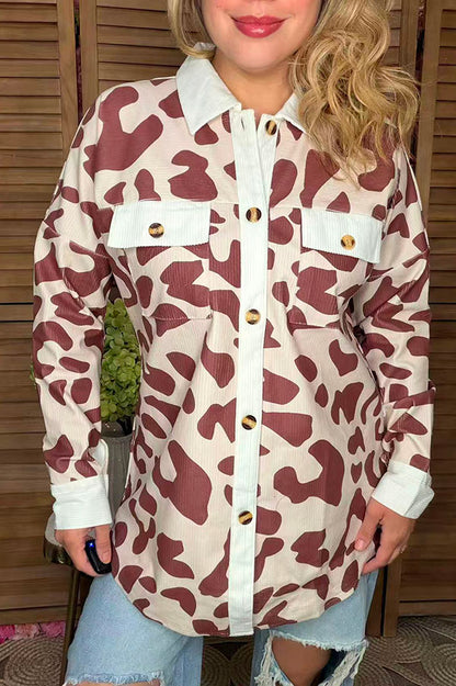 Brown leopard printed long sleeve top with pocket jackets/coats GJQ14253