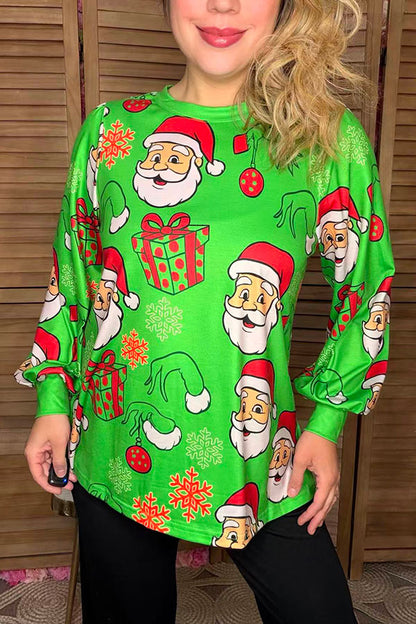 Christmas santa printed green long sleeve women blouse XCH16606
