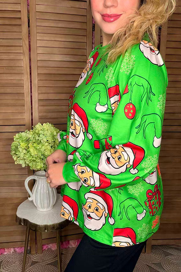 Christmas santa printed green long sleeve women blouse XCH16606