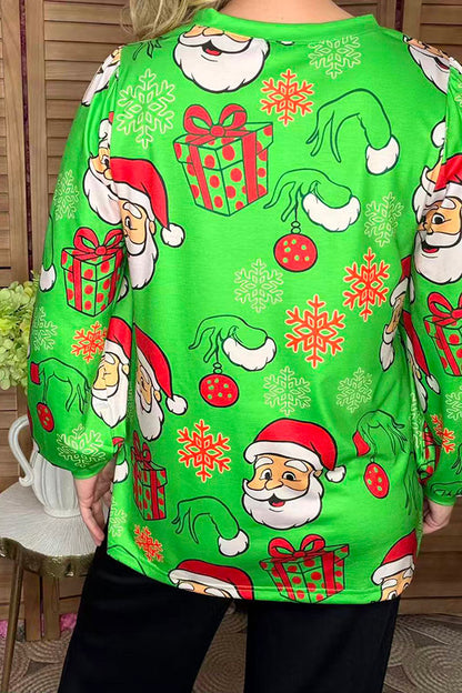 Christmas santa printed green long sleeve women blouse XCH16606