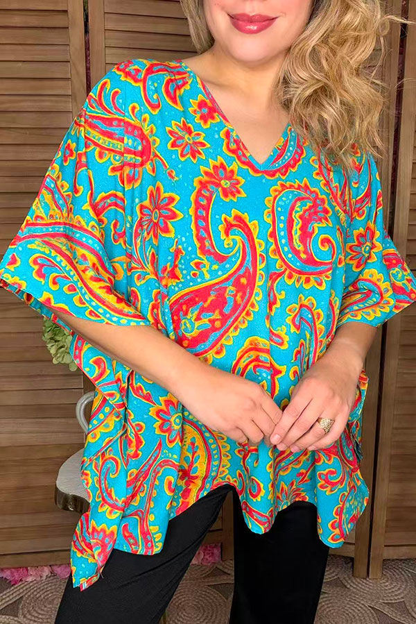 Western paisley printed short sleeve women blouse w/v neckline GJQ16579