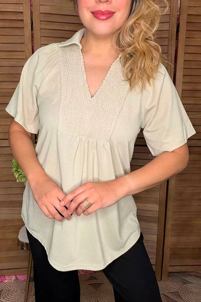 Cream short sleeve flattering v-neckline women blouse SP16420