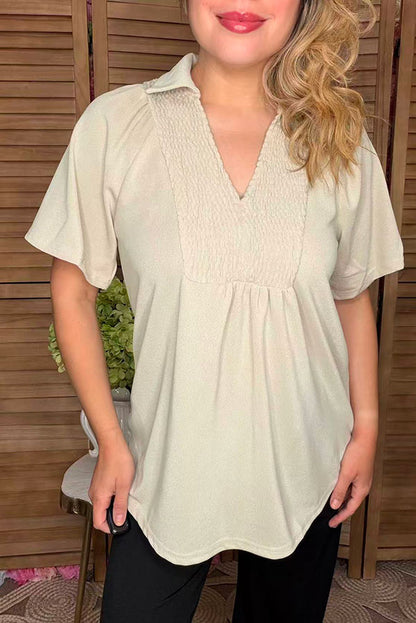 Cream short sleeve flattering v-neckline women blouse SP16420