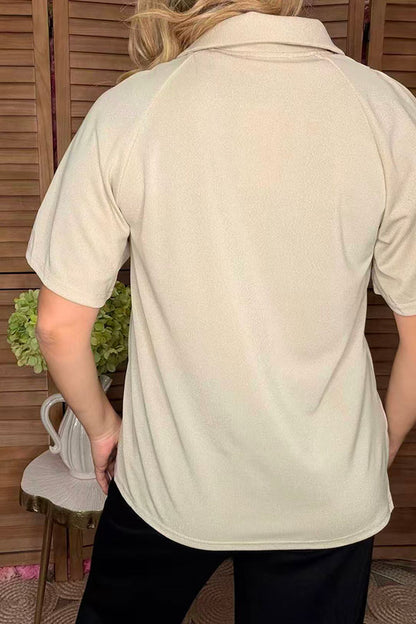 Cream short sleeve flattering v-neckline women blouse SP16420