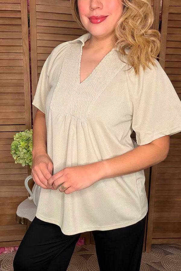 Cream short sleeve flattering v-neckline women blouse SP16420