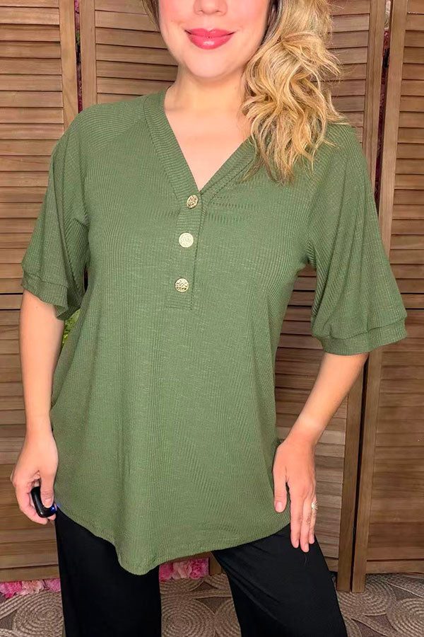 Green ribbed knitted fabric short sleeve women top SP16450