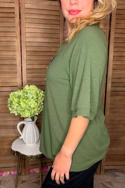 Green ribbed knitted fabric short sleeve women top SP16450