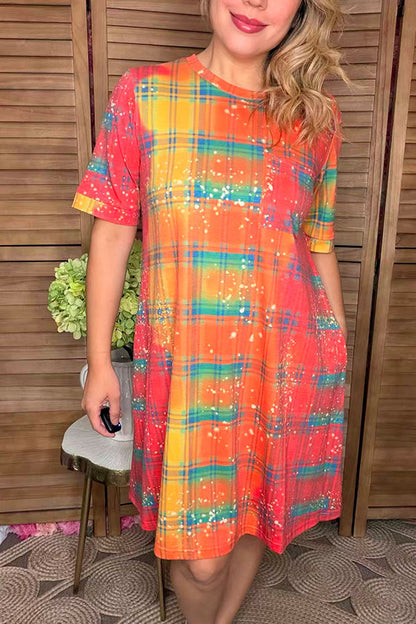 Checked printed short sleeve women dress with side pockets