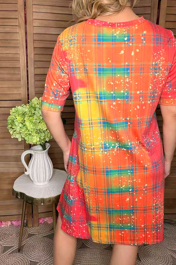 Checked printed short sleeve women dress with side pockets