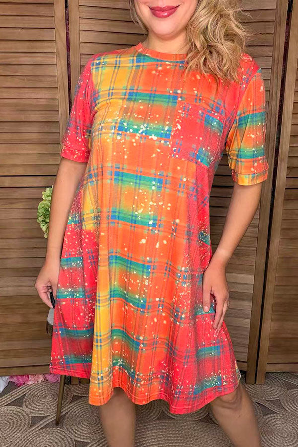 Checked printed short sleeve women dress with side pockets