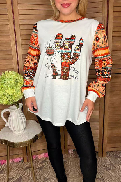 Western White Cactus & Aztec printed long sleeve women t-shirt XCH10516