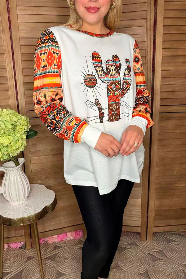 Western White Cactus & Aztec printed long sleeve women t-shirt XCH10516