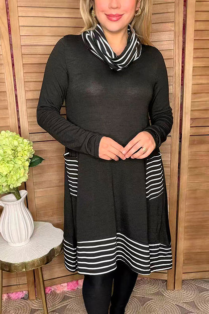 Black/white striped Turtleneck & irregular bottom women dress GJQ15563