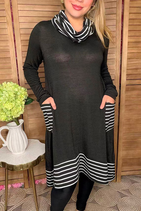 Black/white striped Turtleneck & irregular bottom women dress GJQ15563