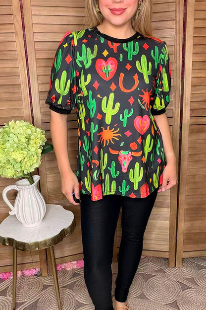 Western cactus printed short sleeve women t-shirt GJQ16614