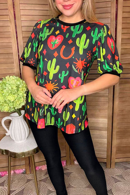Western cactus printed short sleeve women t-shirt GJQ16614