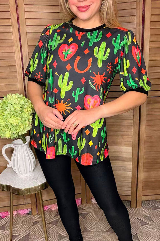 Western cactus printed short sleeve women t-shirt GJQ16614