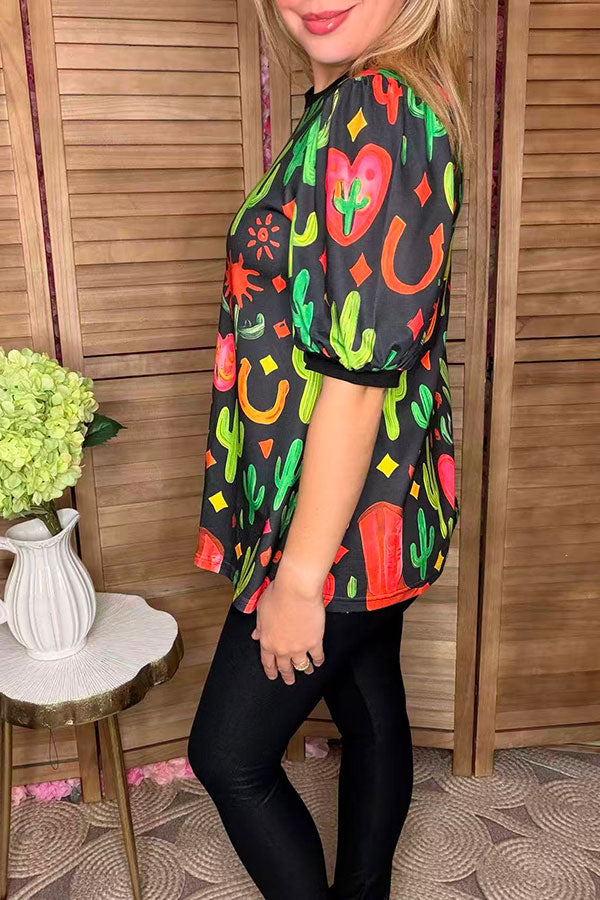 Western cactus printed short sleeve women t-shirt GJQ16614